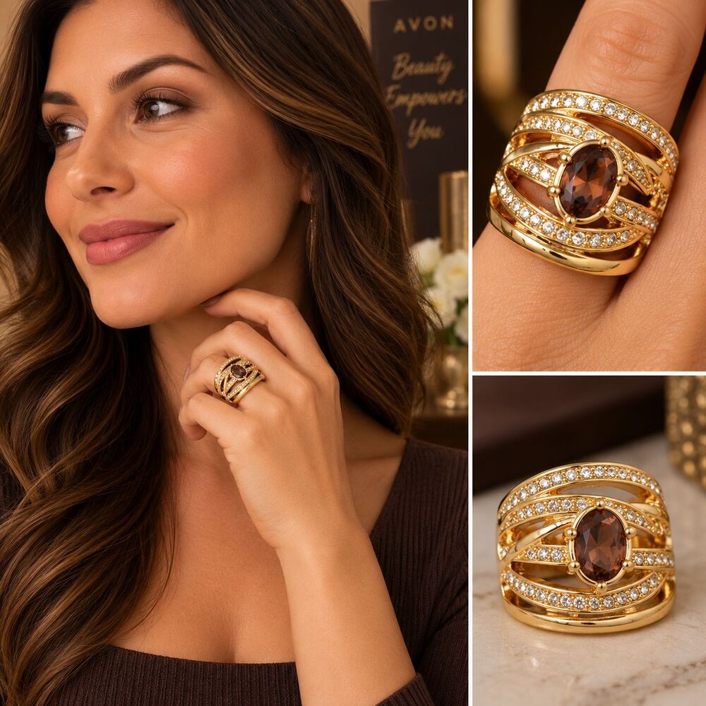 Avon Chocolate Shimmer Cocktail Ring Gold Tone Statement Womens Size 8